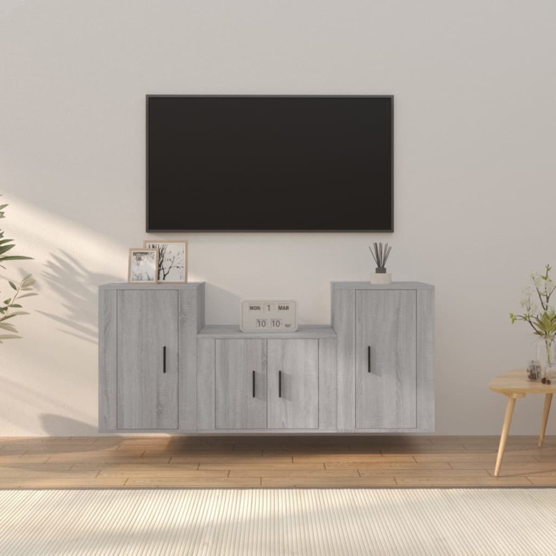Set Mobili Porta TV 3 pz Grigio Sonoma in Legno Multistrato Set Mobili Porta TV 3 pz Grigio Sonoma in Legno Multistrato