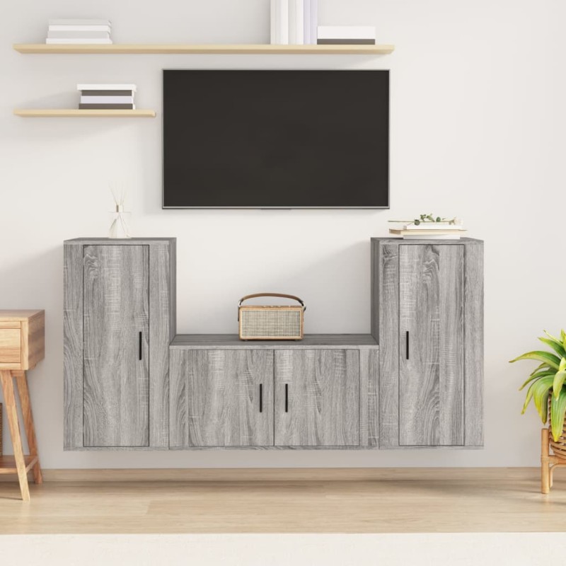 Set Mobili Porta TV 3 pz Grigio Sonoma in Legno Multistrato Set Mobili Porta TV 3 pz Grigio Sonoma in Legno Multistrato