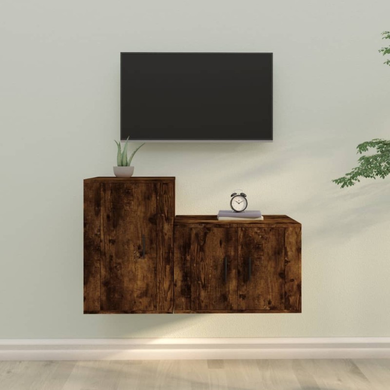 Set Mobili Porta TV 2 pz Rovere Fumo in Legno Multistrato Set Mobili Porta TV 2 pz Rovere Fumo in Legno Multistrato