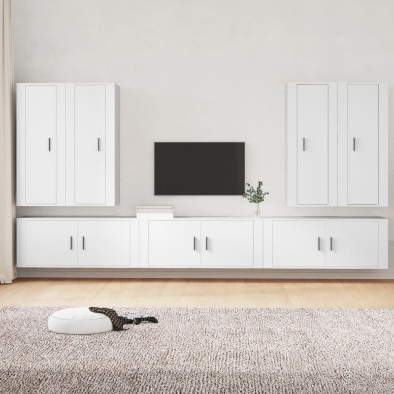 Set di Mobili Porta TV 7 pz Bianco in Legno Multistrato Set di Mobili Porta TV 7 pz Bianco in Legno Multistrato