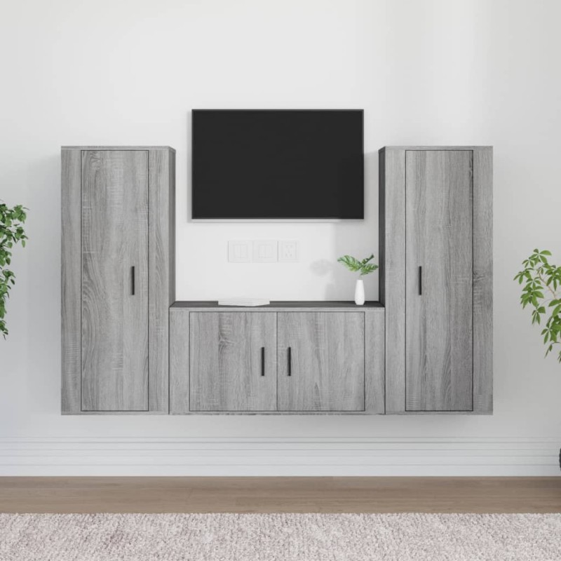 Set Mobili Porta TV 3 pz Grigio Sonoma in Legno Multistrato Set Mobili Porta TV 3 pz Grigio Sonoma in Legno Multistrato