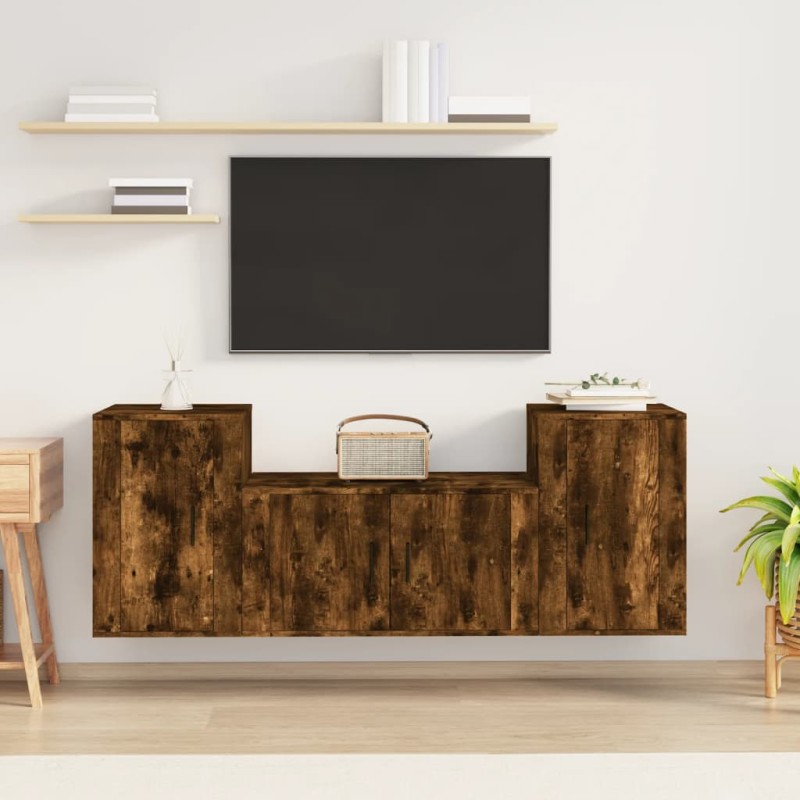 Set Mobili Porta TV 3 pz Rovere Fumo in Legno Multistrato Set Mobili Porta TV 3 pz Rovere Fumo in Legno Multistrato