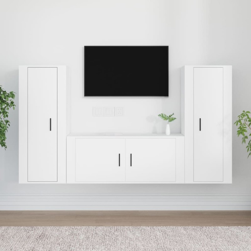 Set Mobili Porta TV 3 pz Bianco in Legno Multistrato Set Mobili Porta TV 3 pz Bianco in Legno Multistrato