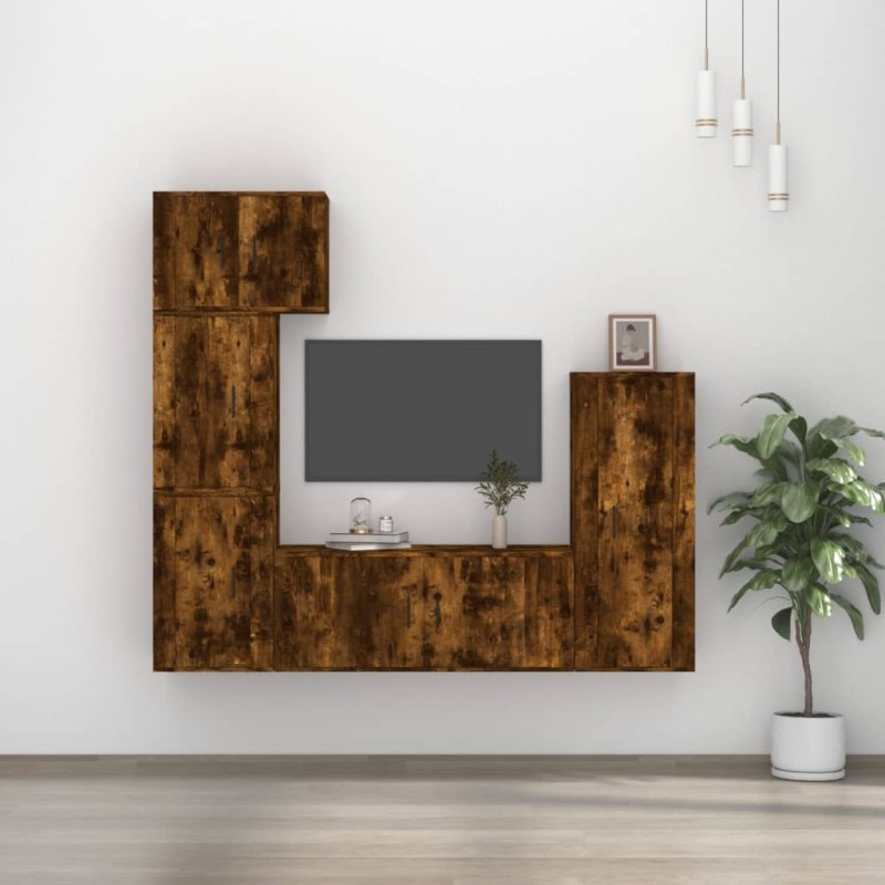 Set di Mobili Porta TV 5 pz Rovere Fumo in Legno Multistrato Set di Mobili Porta TV 5 pz Rovere Fumo in Legno Multistrato