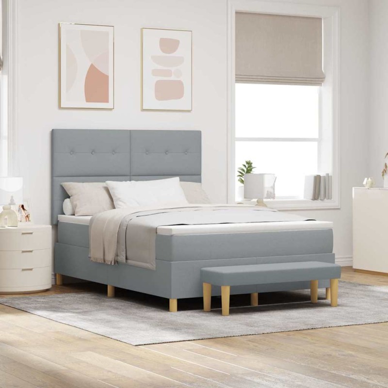 Letto Box Spring con Materasso e Panchina Grigio Chiaro 140x190 cm Tessuto Letto Box Spring con Materasso e Panchina Grigio Chiaro 140x190 cm Tessuto