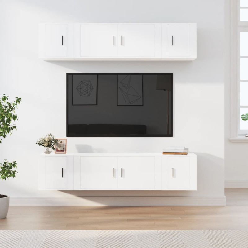 Set di Mobili Porta TV 6 pz Bianco Lucido in Legno Multistrato Set di Mobili Porta TV 6 pz Bianco Lucido in Legno Multistrato