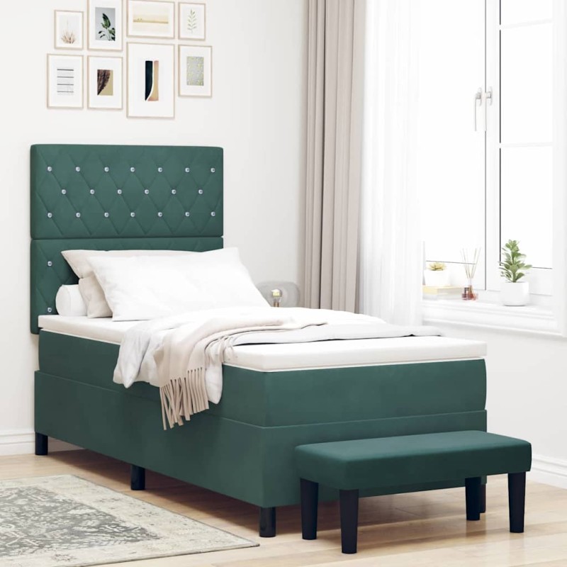vidaXL Letto Box Spring con Materasso & Panchina Verde Scuro 90x190 cm Velluto vidaXL Letto Box Spring con Materasso & Panchina Verde Scuro 90x190 cm Velluto