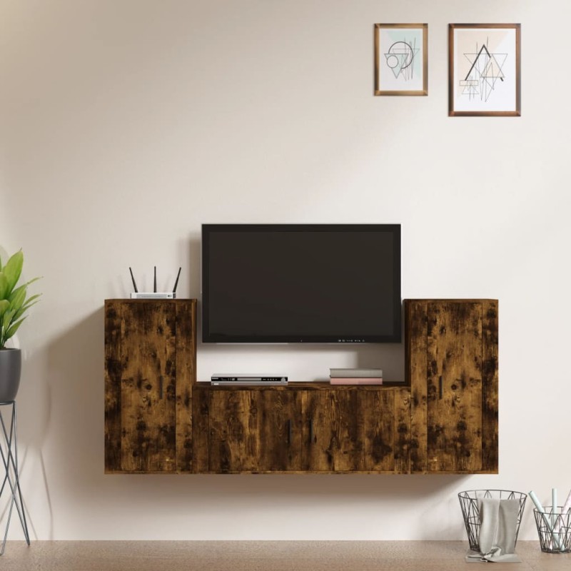 Set Mobili Porta TV 3 pz Rovere Fumo in Legno Multistrato Set Mobili Porta TV 3 pz Rovere Fumo in Legno Multistrato