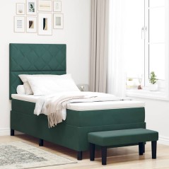 vidaXL Letto a Molla con Materasso e Panca Verde Scuro 90x190 cm in Velluto