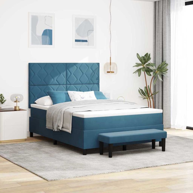 vidaXL Letto con Rete a Molle e Panchina Blu Scuro 140x190 cm in Velluto
