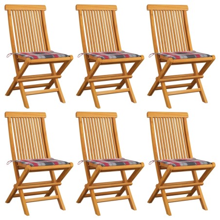 Sedie da Giardino e Cuscini Rossi a Quadri 6 pz Massello Teak