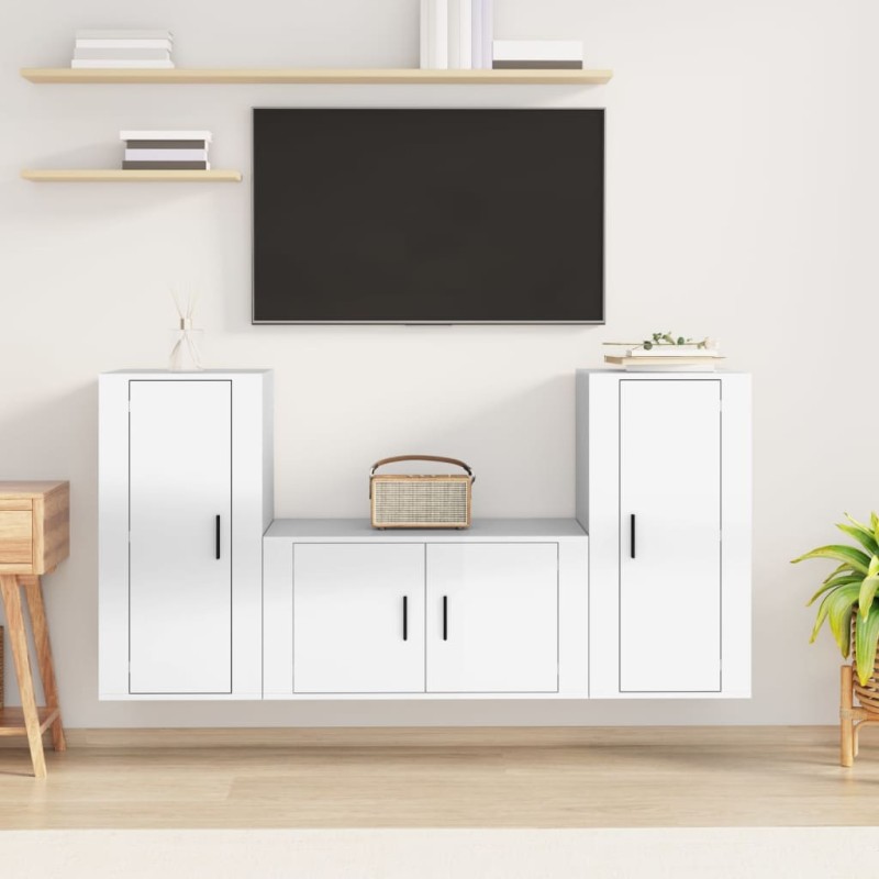 Set Mobili Porta TV 3 pz Bianco Lucido in Legno Multistrato Set Mobili Porta TV 3 pz Bianco Lucido in Legno Multistrato