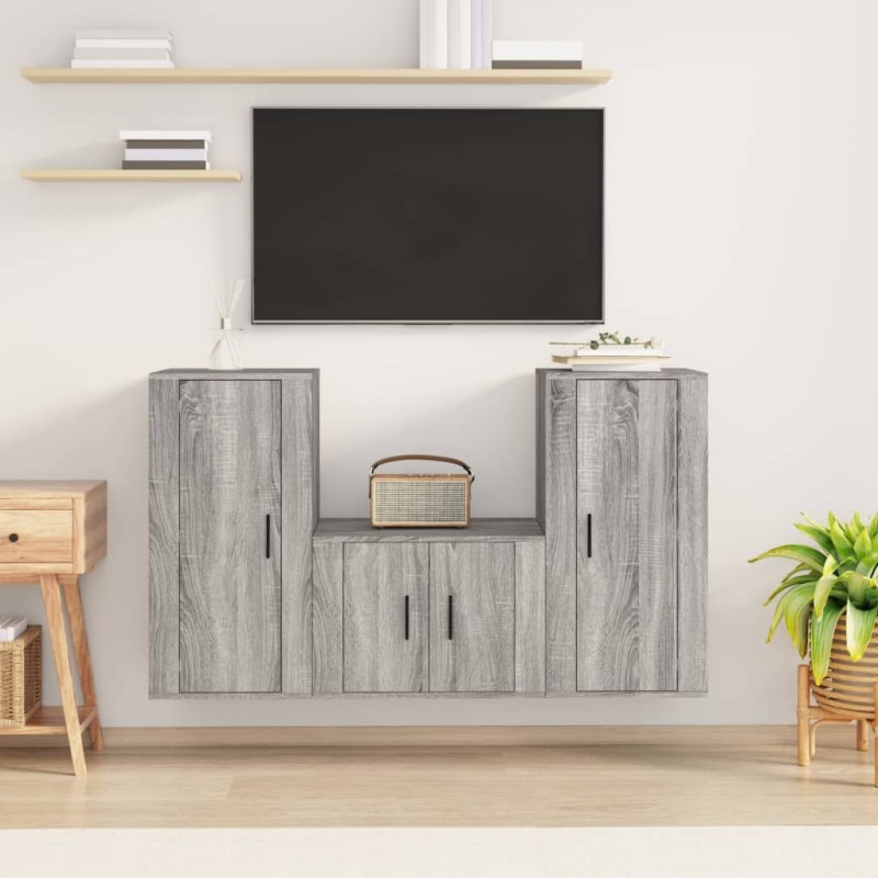 Set Mobili Porta TV 3 pz Grigio Sonoma in Legno Multistrato Set Mobili Porta TV 3 pz Grigio Sonoma in Legno Multistrato