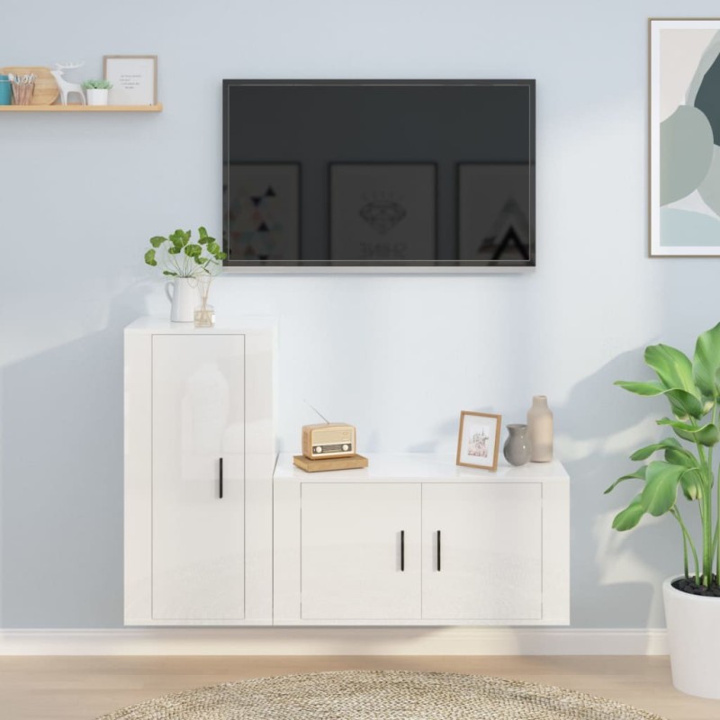 Set di Mobili Porta TV 2 pz Bianco Lucido in Legno Multistrato Set di Mobili Porta TV 2 pz Bianco Lucido in Legno Multistrato