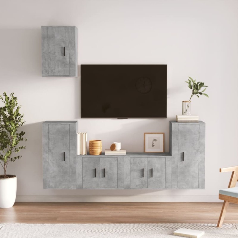 Set di Mobili Porta TV 5 pz Grigio Cemento in Legno Multistrato Set di Mobili Porta TV 5 pz Grigio Cemento in Legno Multistrato