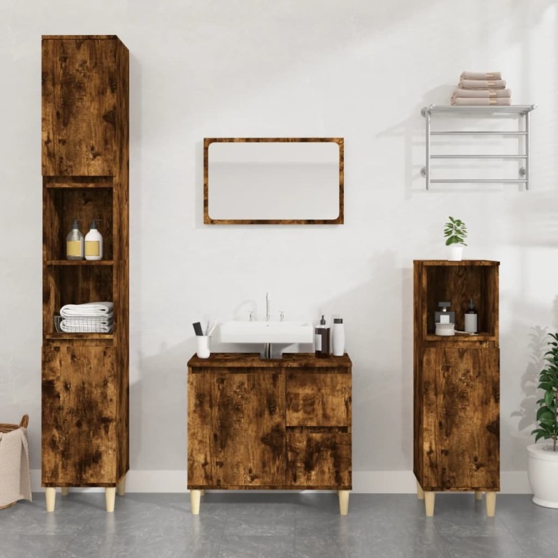 Set Mobili da Bagno 3 pz Rovere Fumo in Legno Multistrato Set Mobili da Bagno 3 pz Rovere Fumo in Legno Multistrato