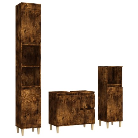Set Mobili da Bagno 3 pz Rovere Fumo in Legno Multistrato