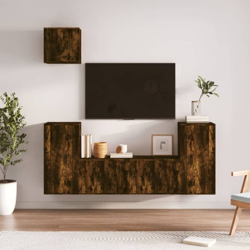 Set di Mobili Porta TV 5 pz Rovere Fumo in Legno Multistrato Set di Mobili Porta TV 5 pz Rovere Fumo in Legno Multistrato