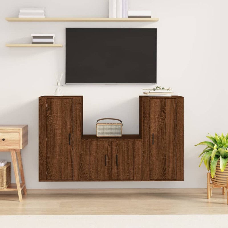 Set Mobili Porta TV 3 pz Rovere Marrone in Legno Multistrato Set Mobili Porta TV 3 pz Rovere Marrone in Legno Multistrato