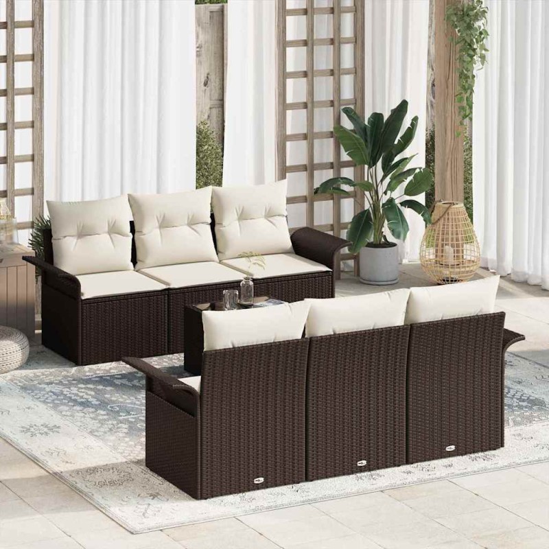 vidaXL Set di divani da giardino 7 pezzi con cuscini in rattan sintetico marrone