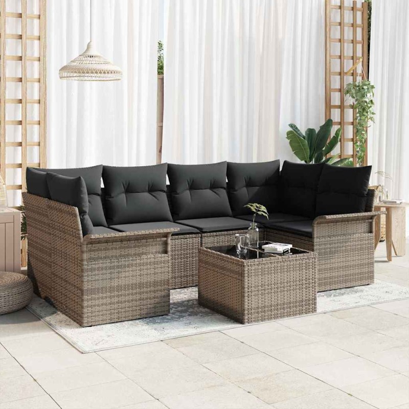 vidaXL Set di divani da giardino 7 pezzi con cuscini grigi in rattan sintetico