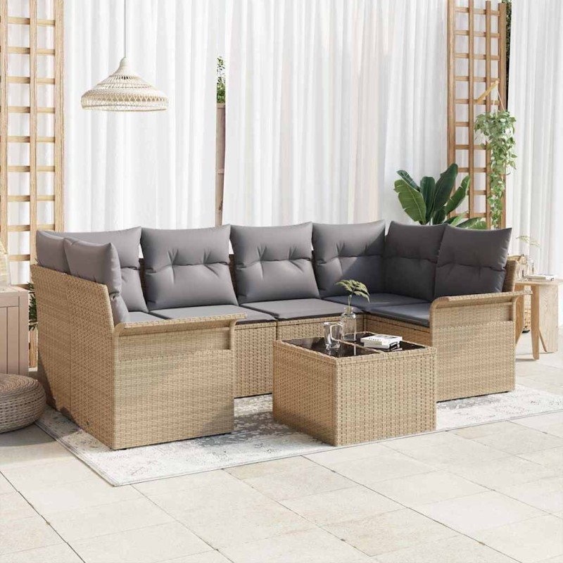 vidaXL Set Divani da Giardino a 7 Pezzi con Cuscini Beige in Polirattan