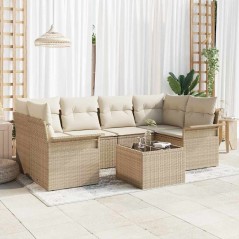 vidaXL Set di divani da giardino 7 pezzi con cuscini beige in rattan sintetico