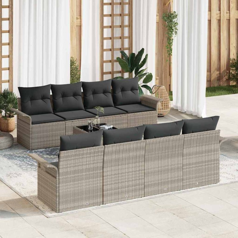 vidaXL Set di divani da giardino 9 pezzi con cuscini grigio chiaro in polirattan