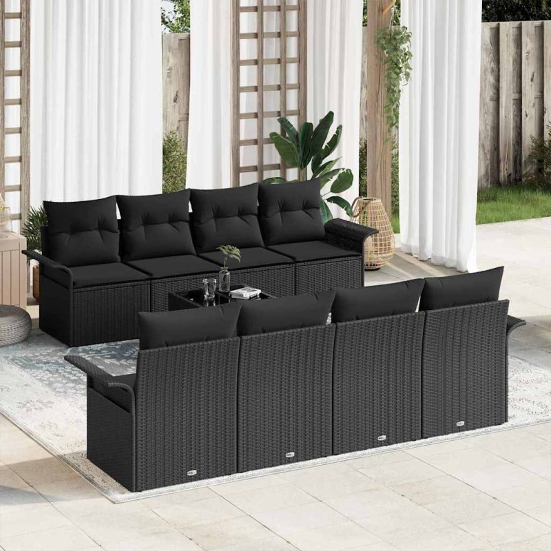 vidaXL Set di divani da giardino a 9 pezzi con cuscini in rattan sintetico nero