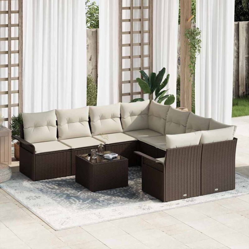 vidaXL Set di mobili da giardino con 9 pezzi e cuscini in rattan sintetico marrone