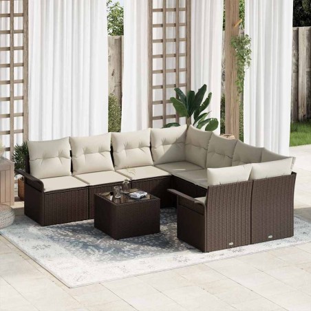 vidaXL Set di mobili da giardino con 9 pezzi e cuscini in rattan sintetico marrone