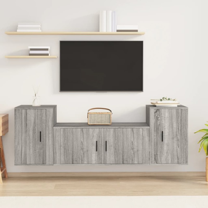 Set Mobili Porta TV 3 pz Grigio Sonoma in Legno Multistrato Set Mobili Porta TV 3 pz Grigio Sonoma in Legno Multistrato