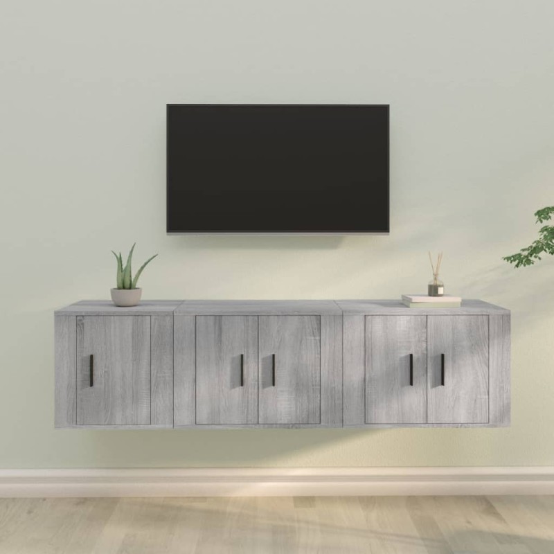 Set Mobili Porta TV 3 pz Grigio Sonoma in Legno Multistrato Set Mobili Porta TV 3 pz Grigio Sonoma in Legno Multistrato
