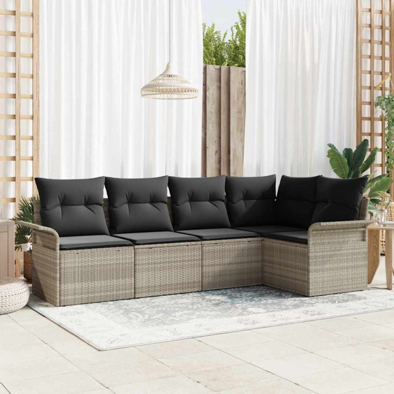 vidaXL Set di divano da giardino 5 pezzi con cuscini grigio chiaro in polirattan.