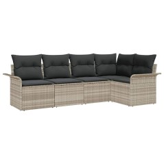 vidaXL Set di divano da giardino 5 pezzi con cuscini grigio chiaro in polirattan.