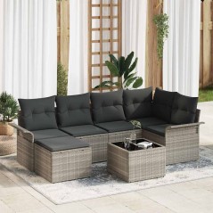 vidaXL Set da giardino a 7 pezzi con cuscini grigio in rattan sintetico.