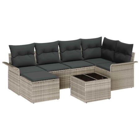 vidaXL Set da giardino a 7 pezzi con cuscini grigio in rattan sintetico.
