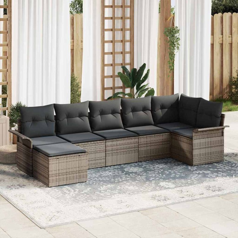 vidaXL Set divano da giardino 7 pezzi con cuscini in grigio e rattan sintetico