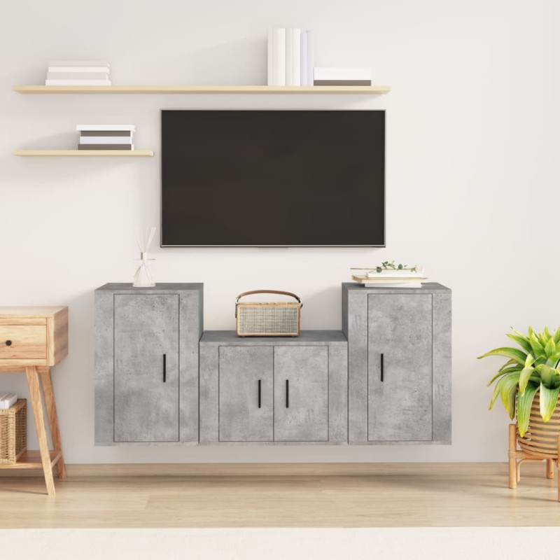 Set di Mobili Porta TV 3 pz Grigio Cemento in Legno Multistrato Set di Mobili Porta TV 3 pz Grigio Cemento in Legno Multistrato