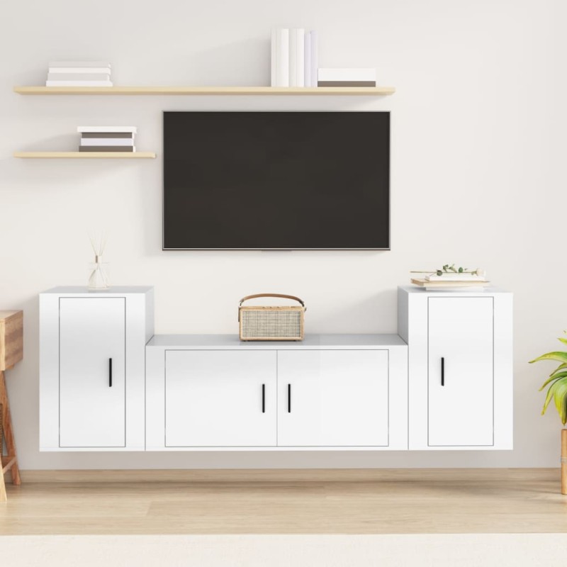 Set Mobili Porta TV 3 pz Bianco Lucido in Legno Multistrato Set Mobili Porta TV 3 pz Bianco Lucido in Legno Multistrato