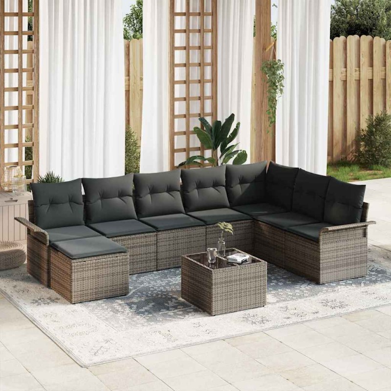 vidaXL Set di Divani da Giardino 9 Pezzi con Cuscini Grigi in Rattan Sintetico