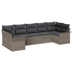 vidaXL Set divano da giardino in 7 pezzi con cuscini, grigio, in rattan sintetico