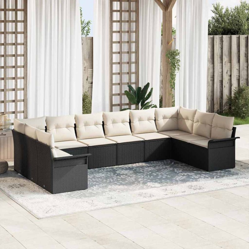 vidaXL Set Divano da Giardino a 10 Pezzi con Cuscini Neri in Rattan Sintetico