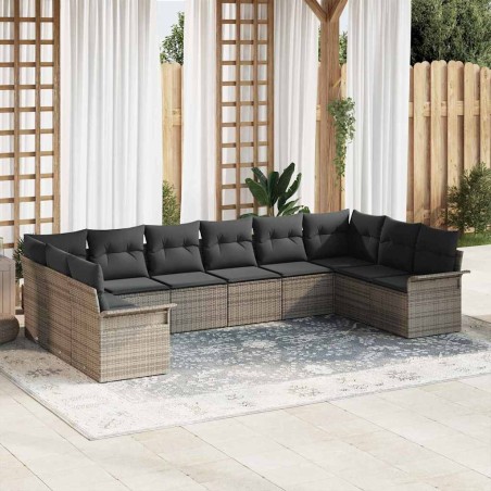 vidaXL Set di Divani da Giardino da 10 Pezzi con Cuscini Grigio in Rattan Sintetico.