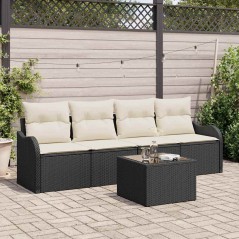 Set Divano Giardino 5 Pezzi con Cuscini Neri in Rattan Polietileno