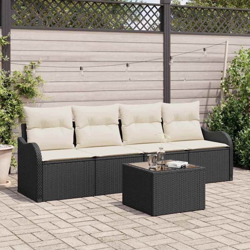 Set Divano Giardino 5 Pezzi con Cuscini Neri in Rattan Polietileno Set Divano Giardino 5 Pezzi con Cuscini Neri in Rattan Polietileno