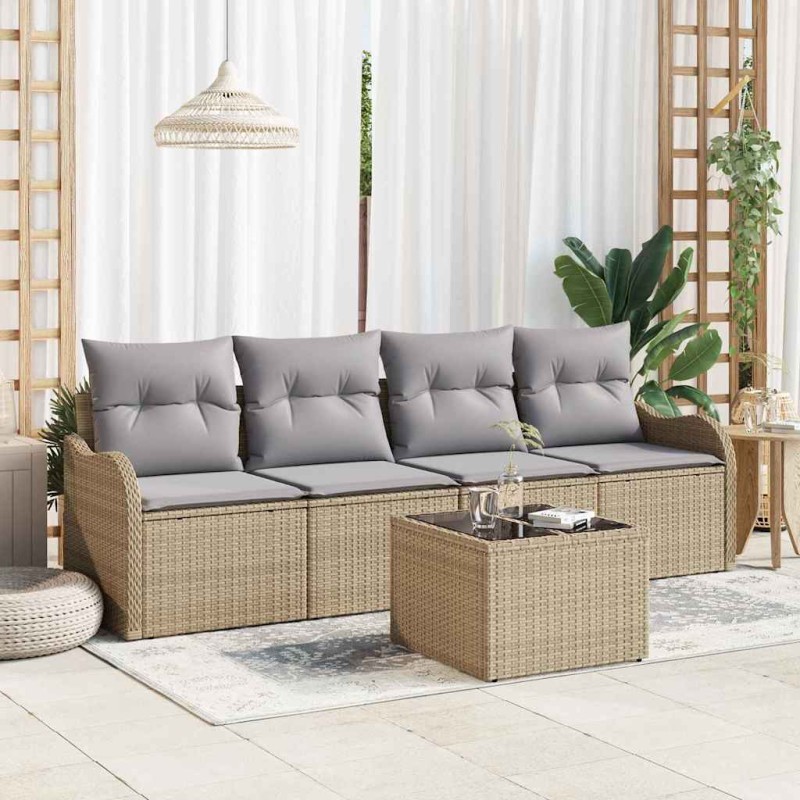 vidaXL Set di divani da giardino 5 pezzi con cuscini beige in rattan sintetico. vidaXL Set di divani da giardino 5 pezzi con cuscini beige in rattan sintetico.