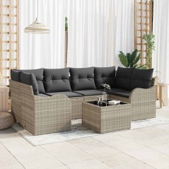 Set Divano Giardino 7 Pezzi con Cuscini Grigio Chiaro in Polyrattan