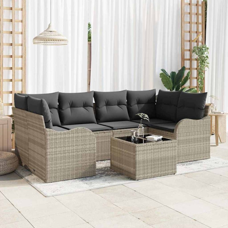 Set Divano Giardino 7 Pezzi con Cuscini Grigio Chiaro in Polyrattan