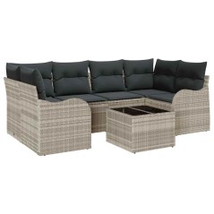 Set Divano Giardino 7 Pezzi con Cuscini Grigio Chiaro in Polyrattan